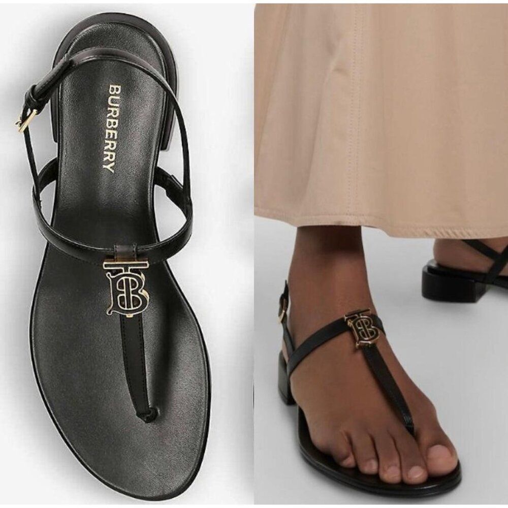 NWT BURBERRY Emily Black 'B' Logo Plaque T-Strap Flat Sandals Size EU35.5